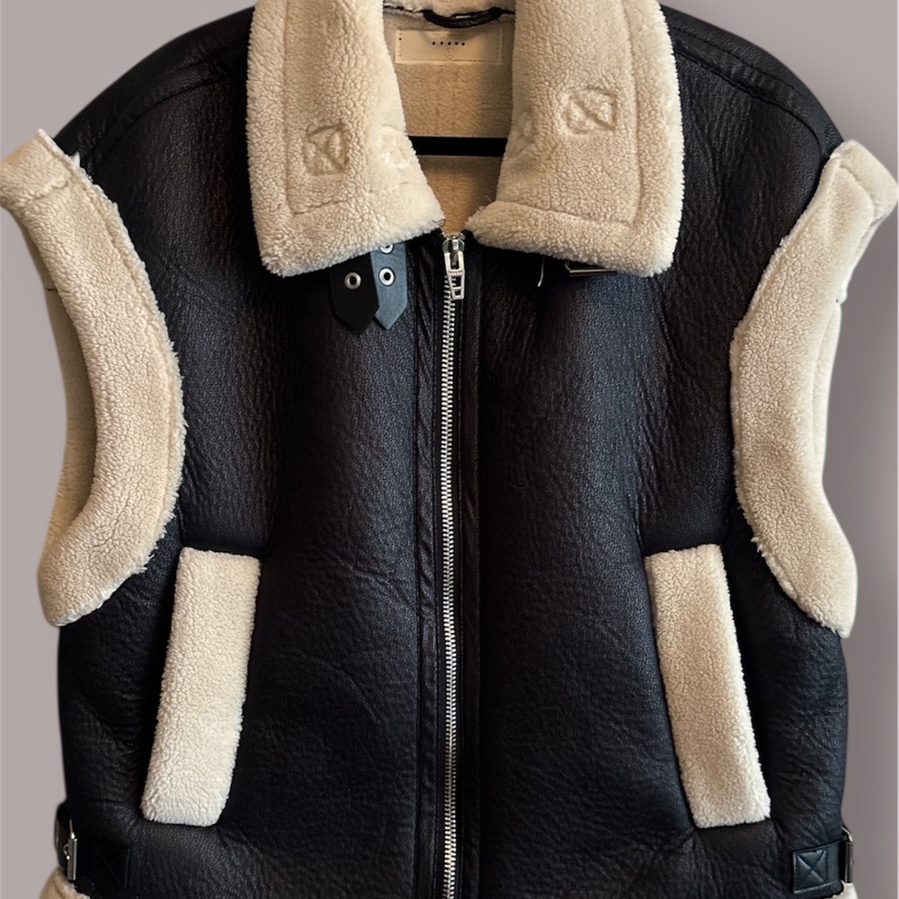 Blank NYC Black Faux LeatherVest with Cream Shearling Accents